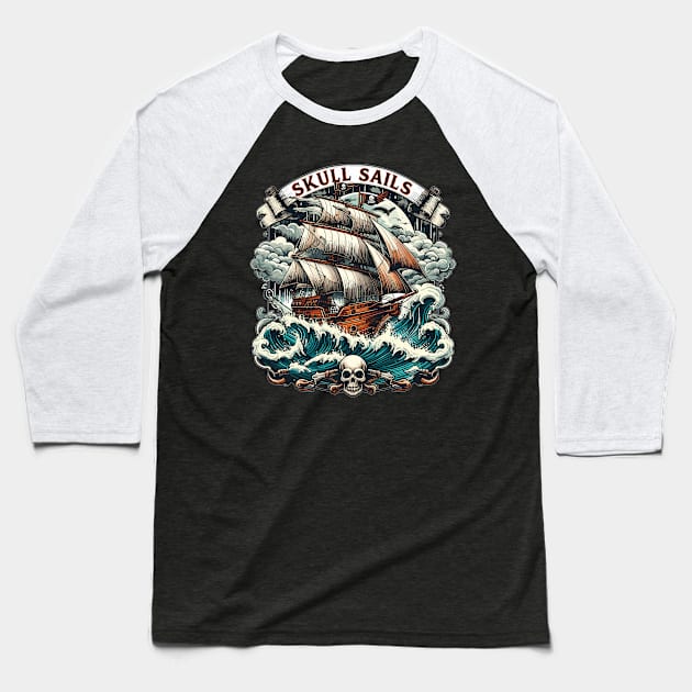 Pirate Ship, Skull Sails Baseball T-Shirt by Vehicles-Art